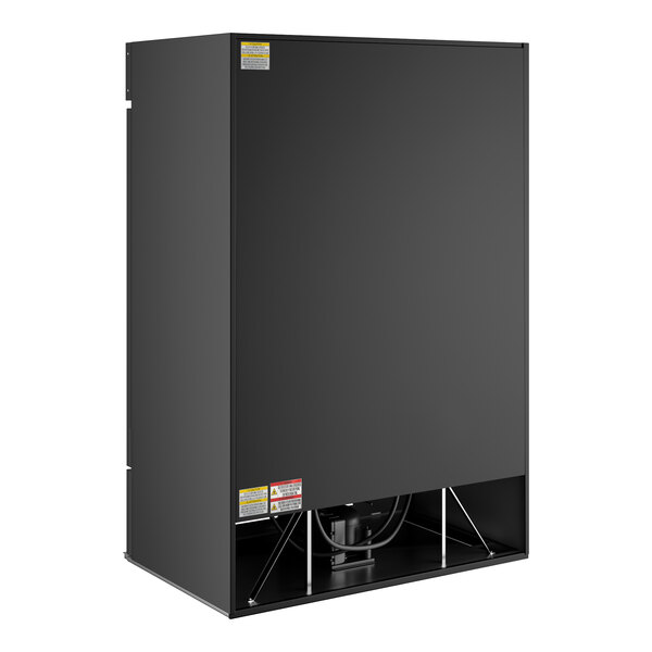 A large black two-section glass door merchandiser refrigerator.