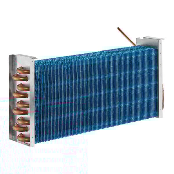 An Avantco blue and silver evaporator coil with copper pipes.