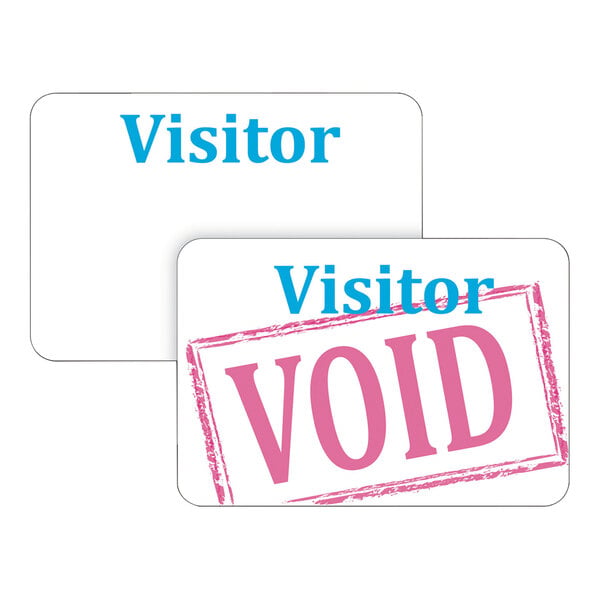 Two rectangular badges are shown, one with the word 'Visitor' in blue text and the other with 'Visitor' in blue and a large pink 'VOID' stamp across it.