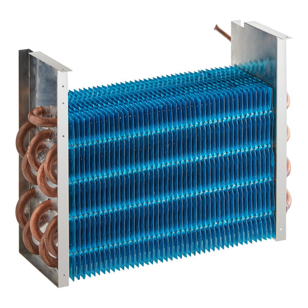 An Avantco evaporator coil with blue and silver heat exchanger and copper coils.