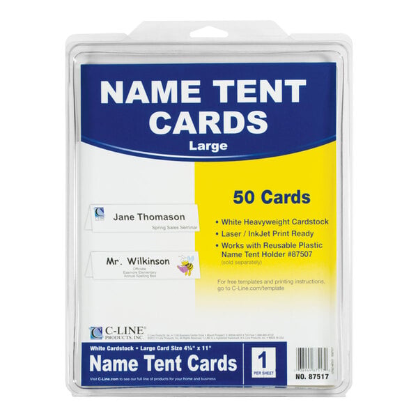A package containing 50 large white name tent cards made of heavyweight cardstock.