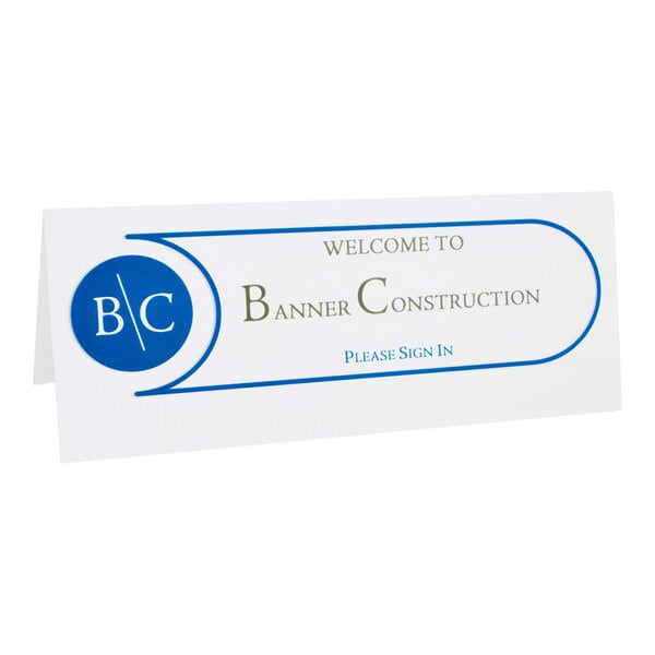A white tent card with blue and gold text, featuring a circular blue logo on the left and the words 'Welcome to Banner Construction Please Sign In' inside a blue-bordered rectangle.