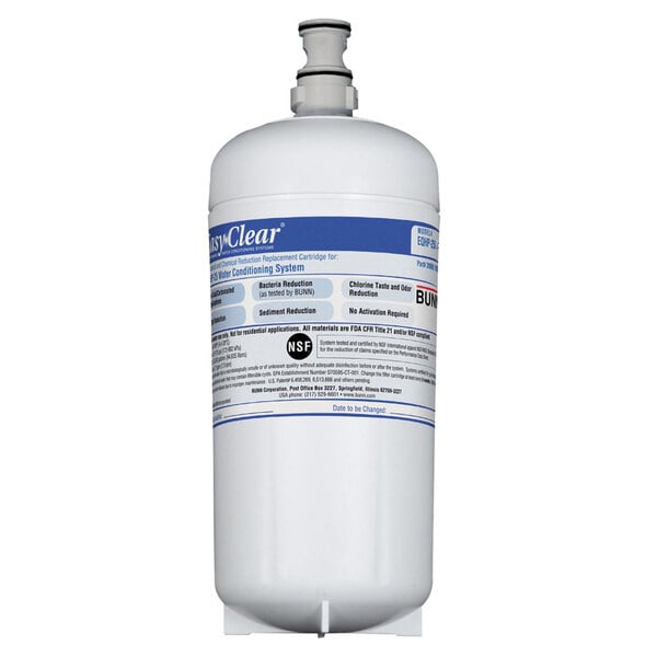 A white Bunn replacement water filter cartridge with a blue label.