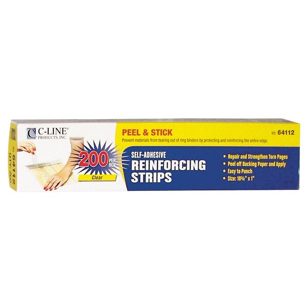 A close-up of a box of C-Line self-adhesive reinforcing strips.