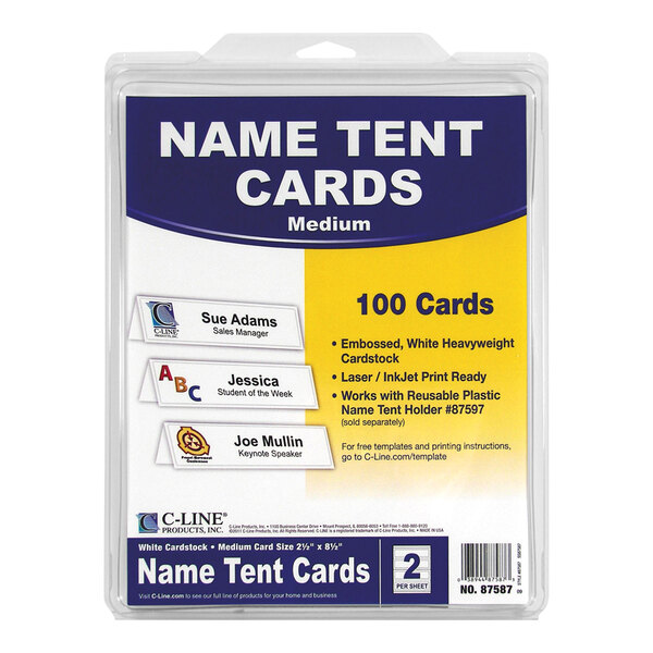 A package of C-Line medium name tent cards containing 100 embossed white heavyweight cardstock cards, each measuring 2 1/2" x 8 1/2".