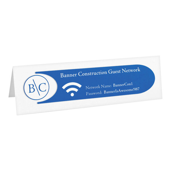 A white tent card with a blue section displaying Wi-Fi network information and a circular logo on the left side.