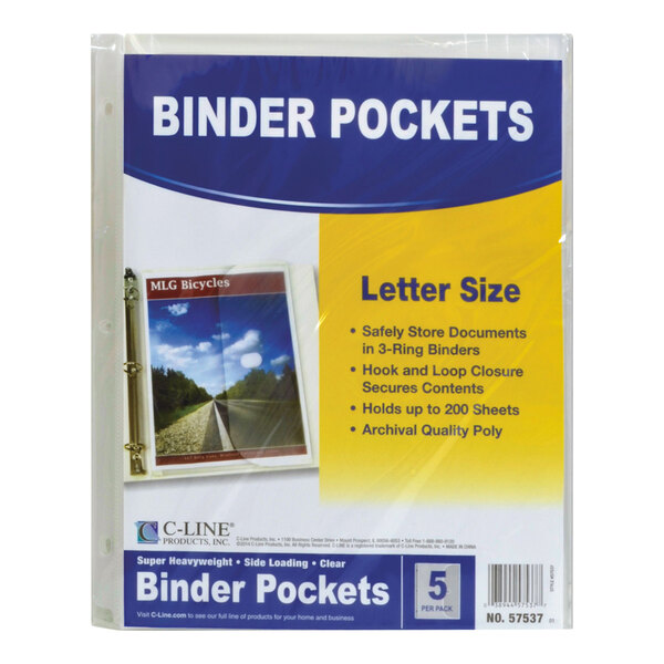 A package of five clear poly binder pockets designed for letter-size documents, featuring side loading and three-ring binder compatibility.