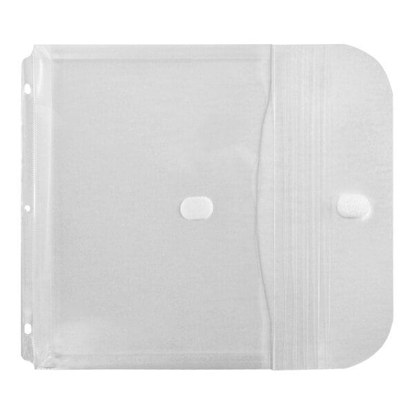A clear plastic binder pocket with a flap and Velcro closure, featuring three punched holes on the left side for binder insertion.