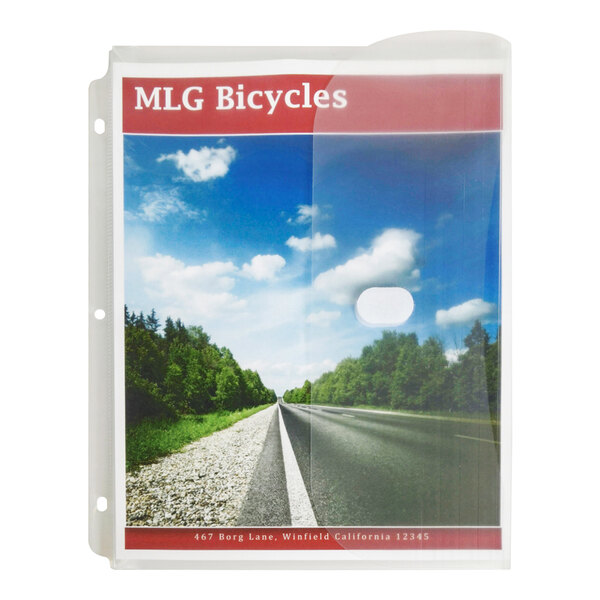 A clear plastic binder pocket with a side tab, containing a colorful document with the heading 'MLG Bicycles' visible through the front.