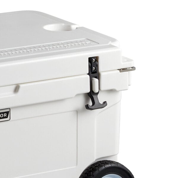The white CaterGator cooler with black wheels and handles.