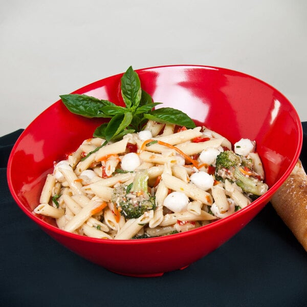 A red GET Red Sensation melamine bowl filled with pasta, broccoli, and cheese.