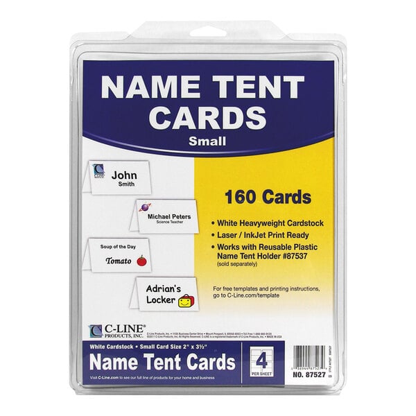 A package of small white name tent cards containing 160 cards, with examples and product details visible on the front.