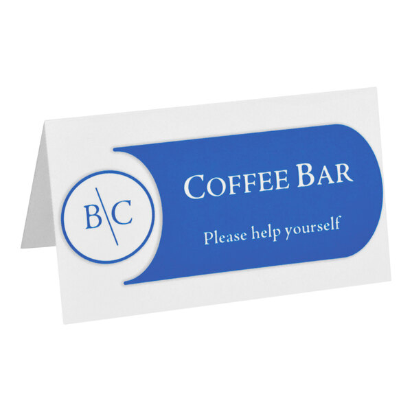 A white tent card with a blue label that reads 'COFFEE BAR Please help yourself' and a circular logo with the letters 'B' and 'C' separated by a line.