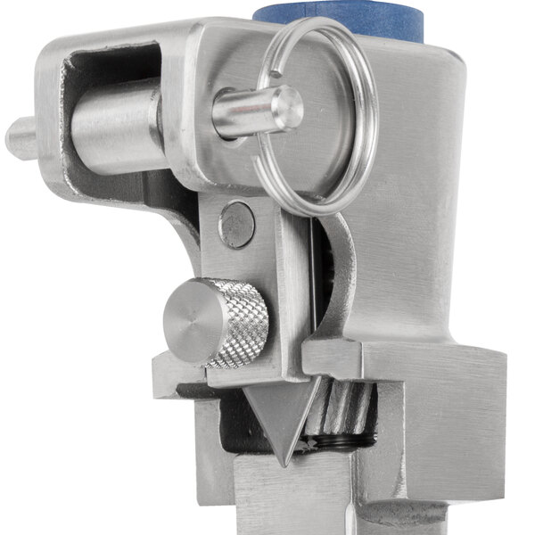 A metal object with a blue handle and stainless steel base.