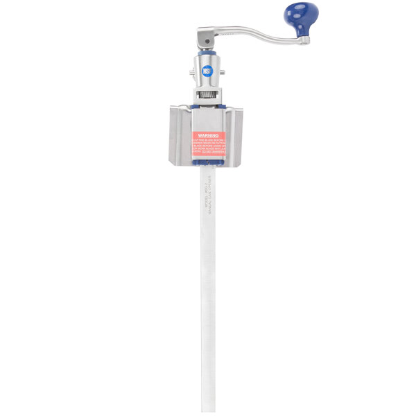 A metal Edlund manual can opener with a blue handle on a long pole.