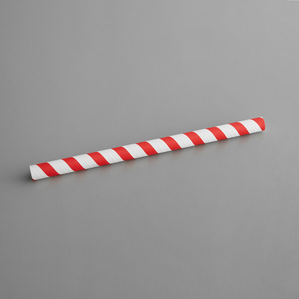 An EcoChoice red and white striped paper straw.