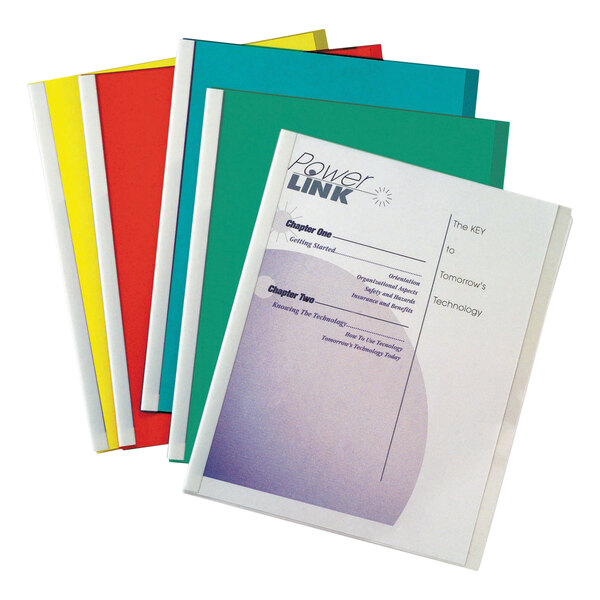 A stack of C-Line assorted color vinyl report covers with white paper inside.