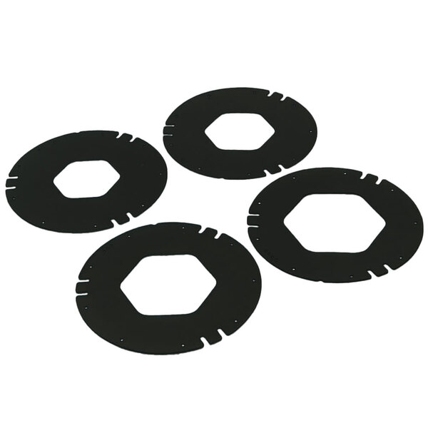 A group of black circular San Jamar cup dispensers with black gaskets.