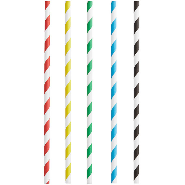A group of EcoChoice paper straws with multicolored stripes.