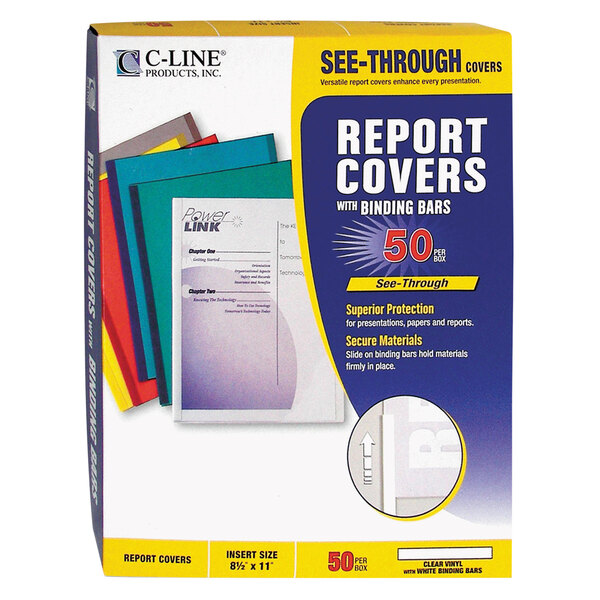 A package of C-Line clear vinyl report covers with a binding bar on the box.