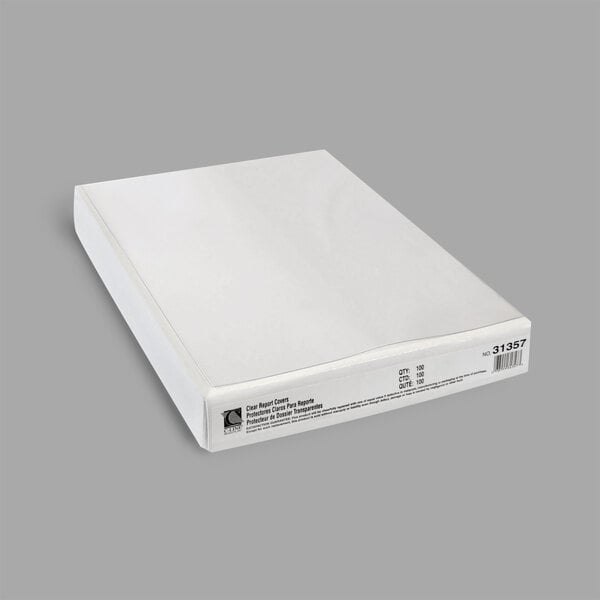 A white box with black text reading "C-Line 31357 8 1/2" x 11" Clear Standard Vinyl Report Cover - 100/Box"