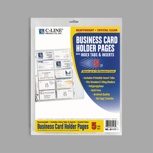 C Line 61117 11 1 4 X 8 1 2 20 Business Card Clear Polypropylene Binder Page With Clear Index Tabs 5 Pack