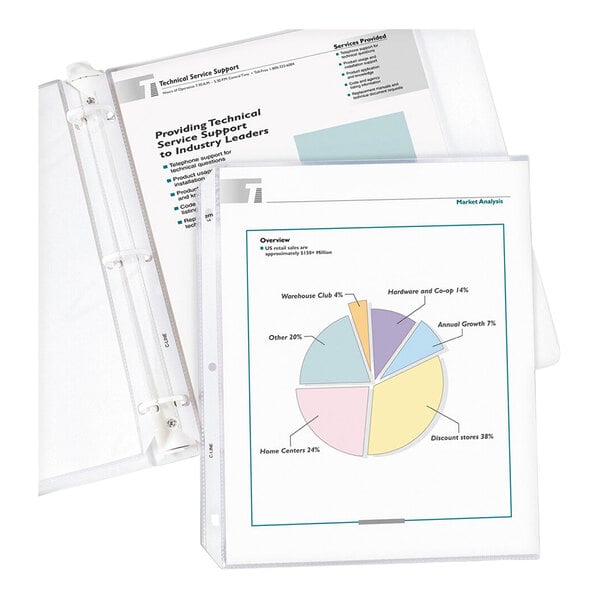 Two clear sheet protectors holding documents, one with a pie chart and the other with text, displayed in a white three-ring binder.