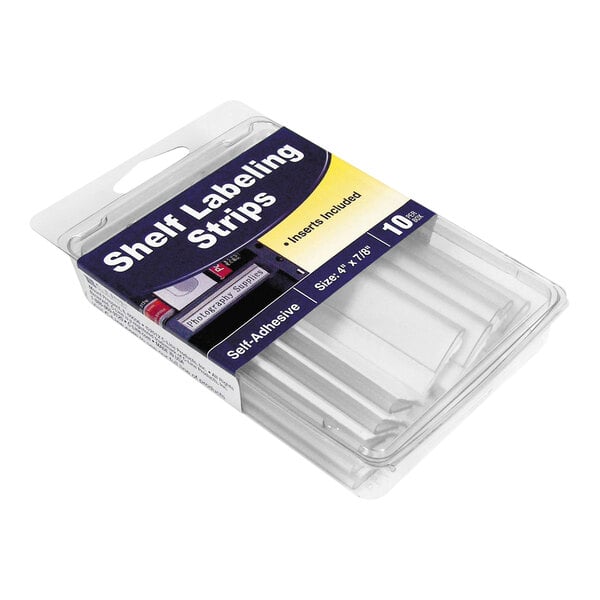 A package containing clear shelf labeling strips with a visible label indicating they are self-adhesive and come in a pack of 10.