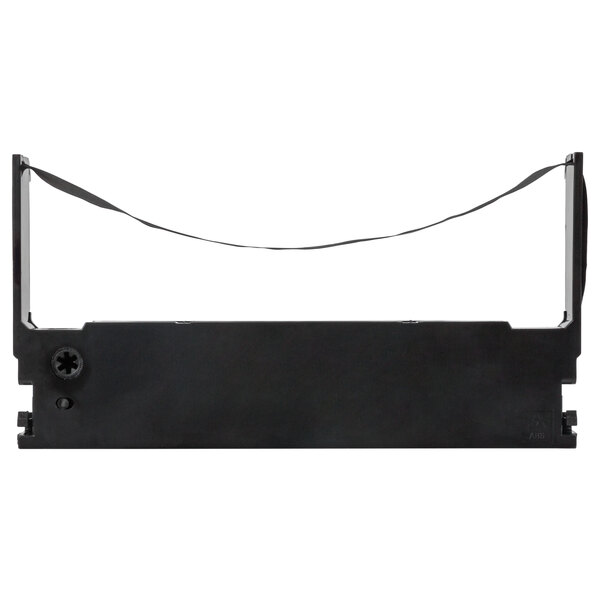 A black rectangular plastic holder with a purple ink ribbon inside.