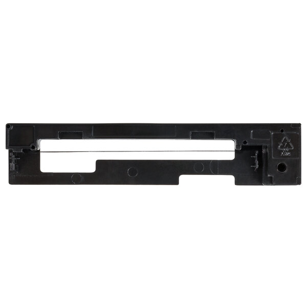 A black rectangular plastic part with a black rectangular object on it.