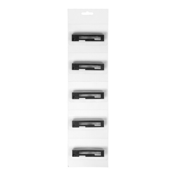 A package containing five black rectangular ink ribbons arranged vertically on a white card.