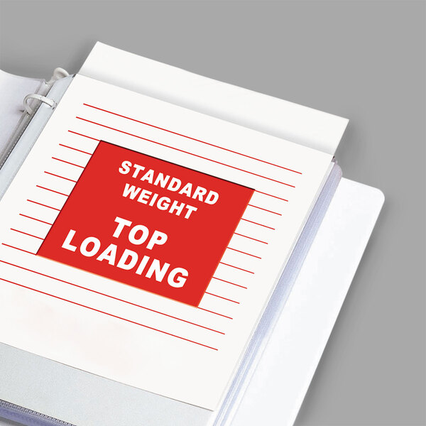 A white binder with C-Line Standard Weight Top-Loading Sheet Protectors inside.