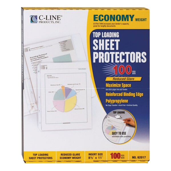 A box of C-Line economy weight clear sheet protectors with a pie chart on the front.