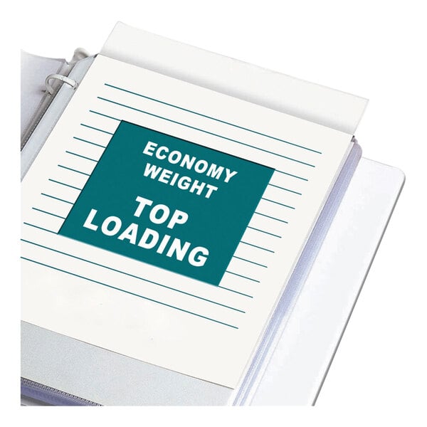 A clear sheet protector holding a piece of paper with the words 'Economy Weight Top Loading' inside a binder.