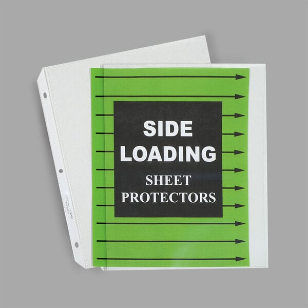 A green and white C-Line file with black text in a C-Line side-loading sheet protector.