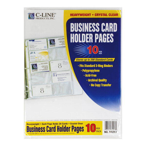 A package of clear business card holder pages designed for 3-ring binders, containing 10 pages per pack.