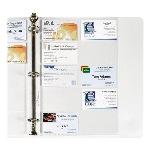 A binder page with multiple clear pockets holding business cards, displayed in a three-ring binder.