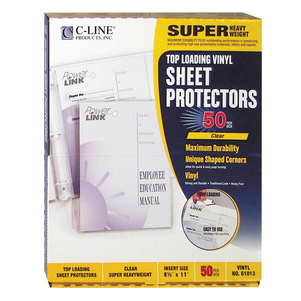 A box of C-Line super heavy weight clear vinyl sheet protectors with white text on a blue and yellow label.