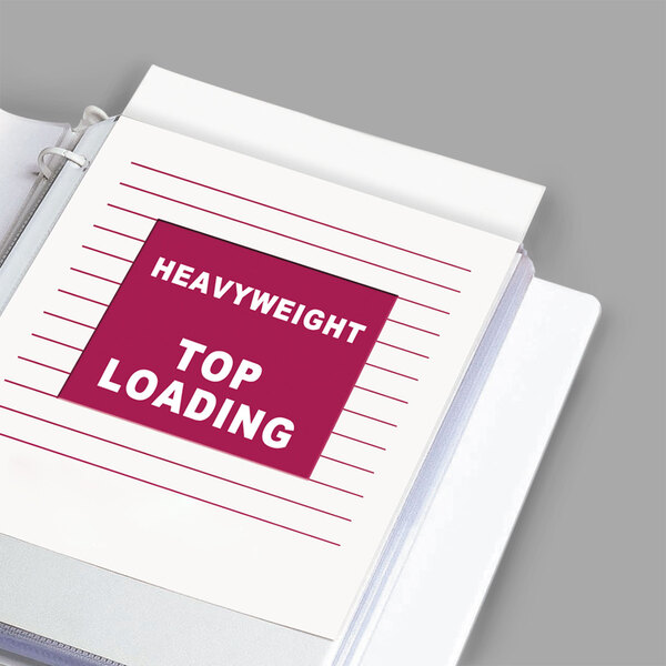 A binder with a clear non-glare sheet protector sign on it.