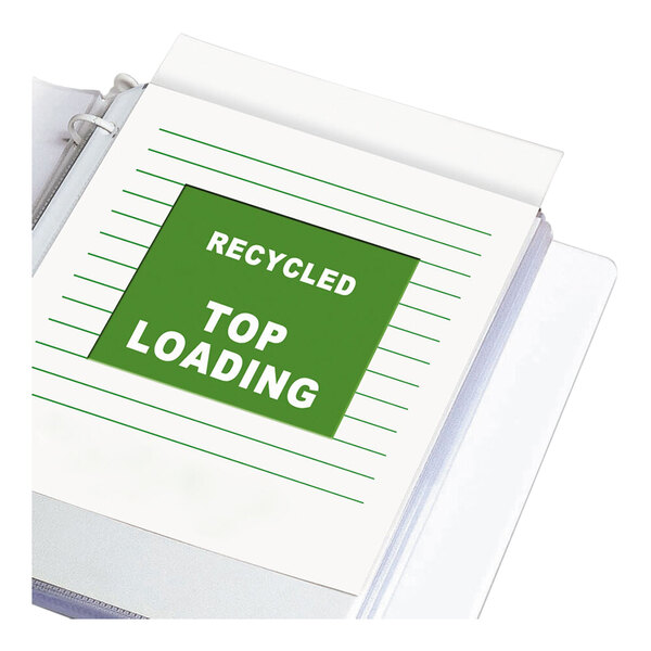 A clear plastic sheet protector holding a piece of paper in a three-ring binder.
