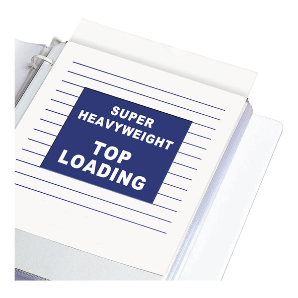 A clear plastic sheet protector holding a sheet of paper with blue text that reads 'SUPER HEAVYWEIGHT TOP LOADING' inside a binder.