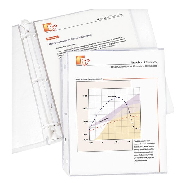 Two clear, top-loading sheet protectors holding letter-sized documents, one with a chart and the other with text, displayed in a three-ring binder.