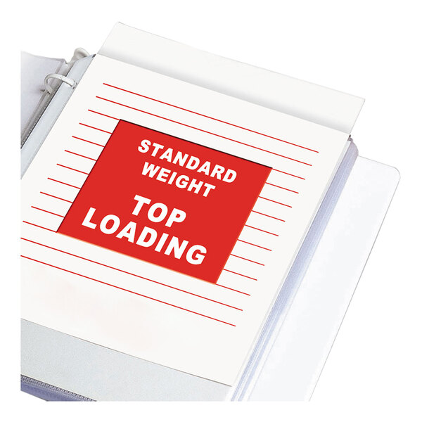 A clear sheet protector holding a piece of paper with red and white text that reads 'STANDARD WEIGHT TOP LOADING,' placed in a three-ring binder.