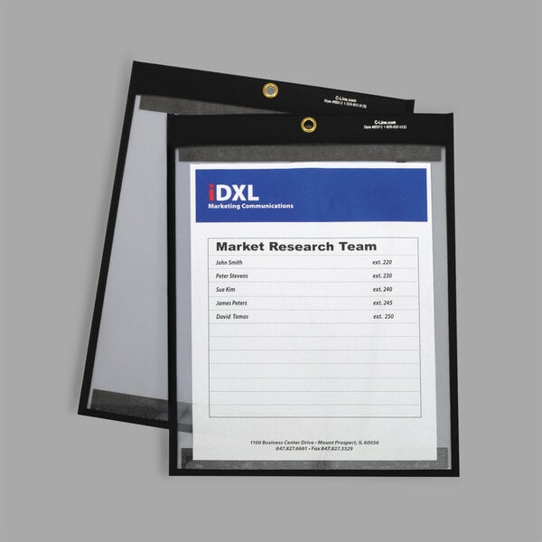 Two C-Line clear magnetic shop ticket holders with black stitching.