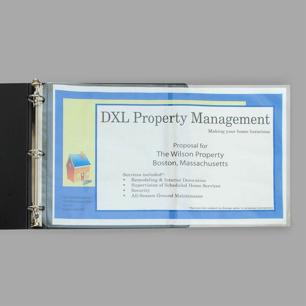 A document in a C-Line panoramic sheet protector with text on it.