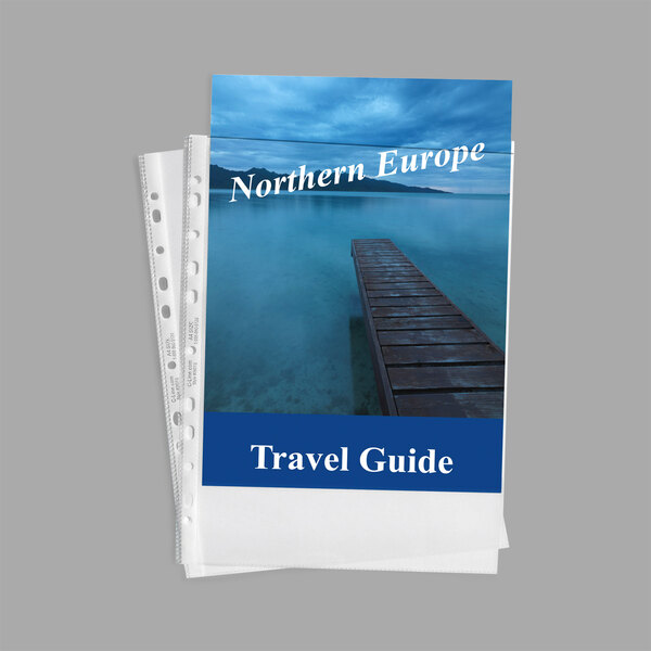 A stack of paper with C-Line sheet protectors, one with a Northern Europe travel guide cover featuring a dock.