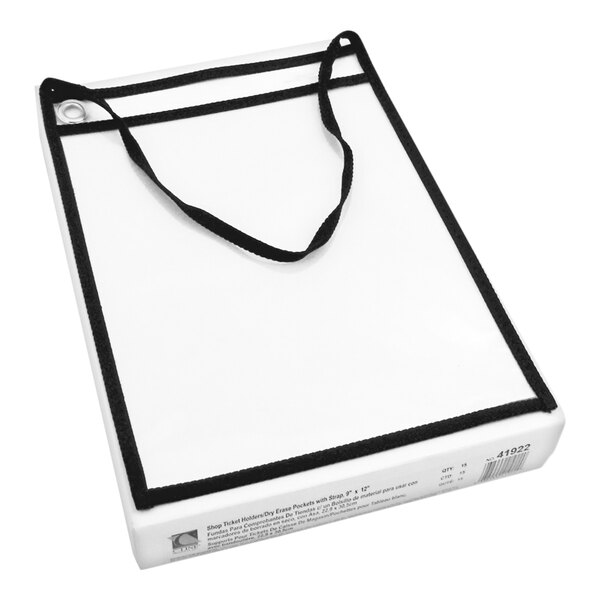 A clear, rectangular plastic holder with black stitched edges and a black strap, displayed on top of a white box.
