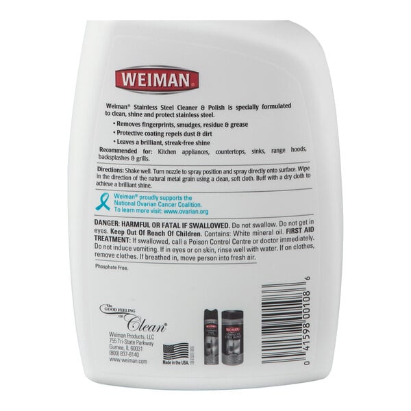 A 22 fl. oz. bottle of Weiman 108 Spray Stainless Steel Cleaner & Polish.