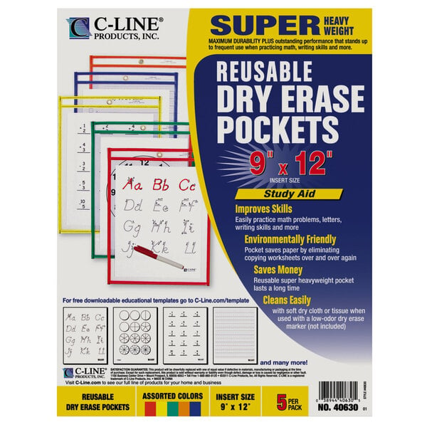 A box of 5 C-Line assorted primary colors reusable dry erase pockets.