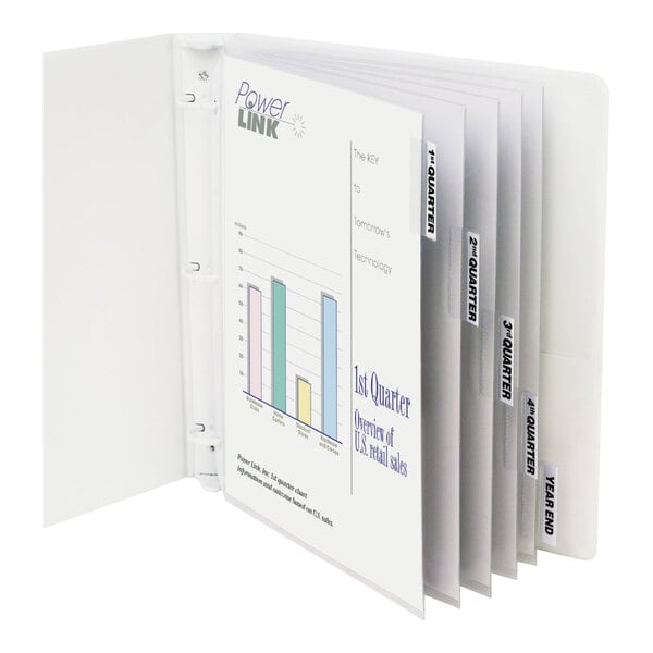 A white three-ring binder containing clear sheet protectors with labeled index tabs for organizing documents by quarter and year end.